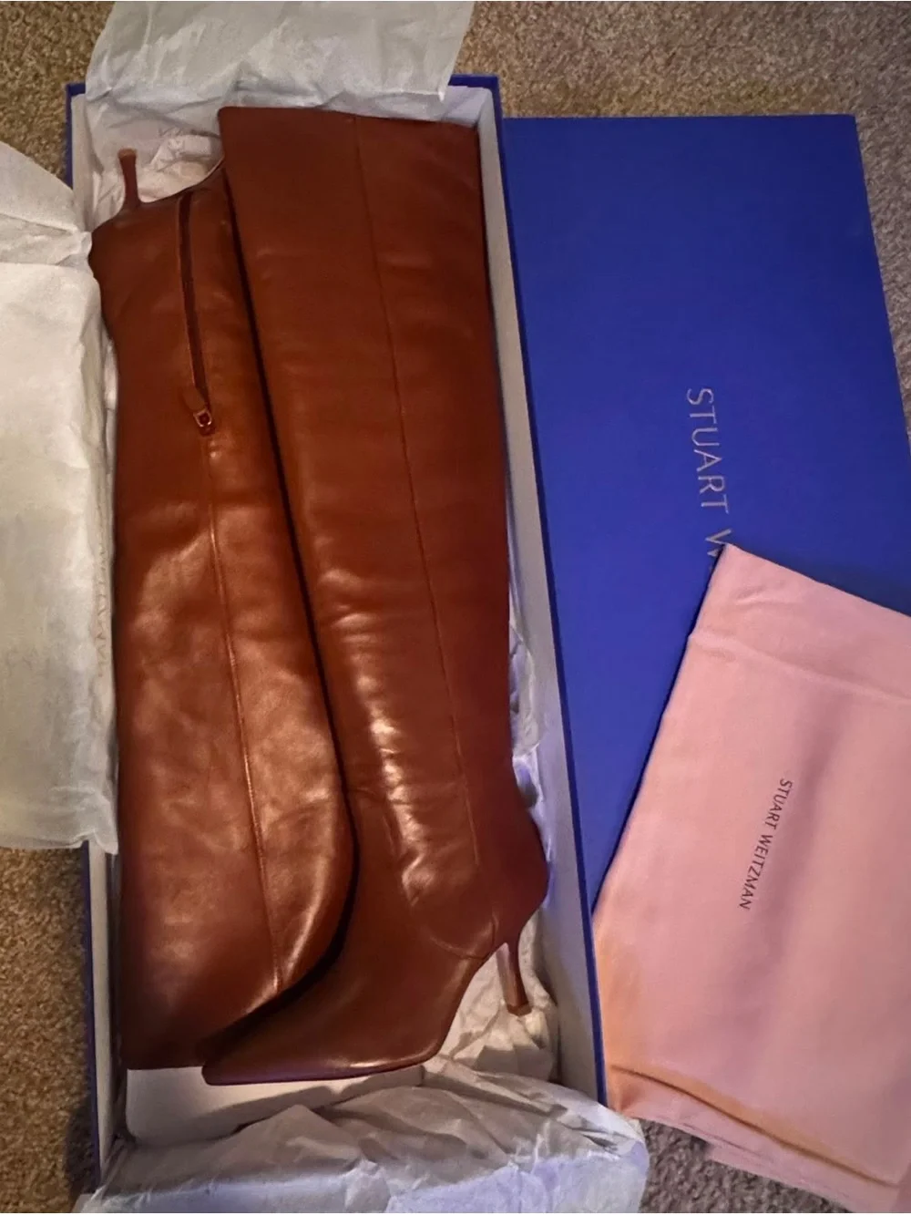 Stuart Weitzman Cognac Over-the-Knee Pointed-Toe Stiletto Boots